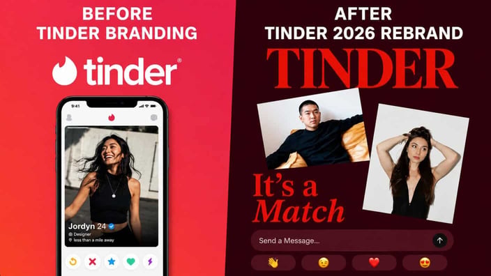 Side-by-side comparison of Tinder's previous branding and its 2026 rebrand. The left side shows the app's former pink gradient design, lowercase logo, and classic swipe interface. The right side features the new editorial-inspired identity with bold serif typography, layered photography, a redesigned messaging interface, and a deeper red color palette, illustrating the platform's visual evolution. Side-by-side comparison of Tinder's previous branding and its 2026 rebrand. The left side shows the app's former pink gradient design, lowercase logo, and classic swipe interface. The right side features the new editorial-inspired identity with bold serif typography, layered photography, a redesigned messaging interface, and a deeper red color palette, illustrating the platform's visual evolution.