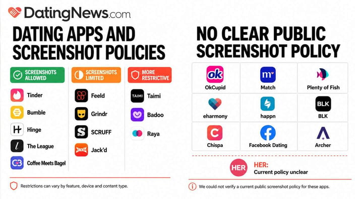 Infographic comparing screenshot policies across dating apps, including apps that allow, limit or restrict screenshots and those without clear public policies. Infographic comparing screenshot policies across dating apps, including apps that allow, limit or restrict screenshots and those without clear public policies.