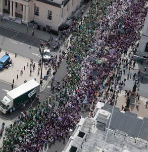 Aerial photo of marches celebrating 100th anniversary of UK women's suffrage Aerial photo of marches celebrating 100th anniversary of UK women's suffrage