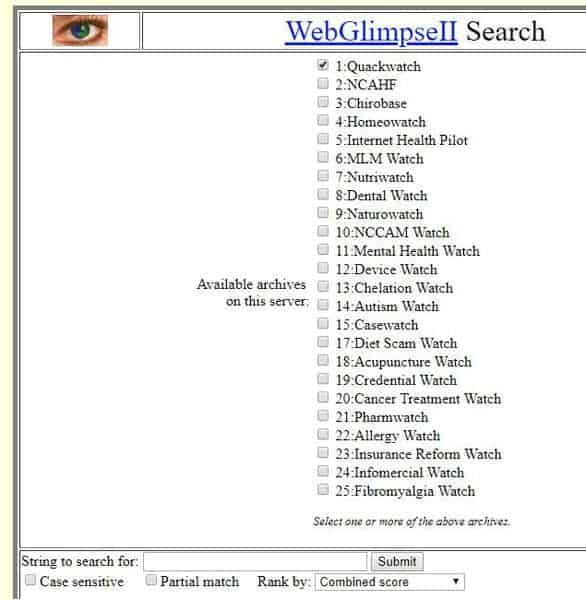 Screenshot of Quackwatch search filters Screenshot of Quackwatch search filters