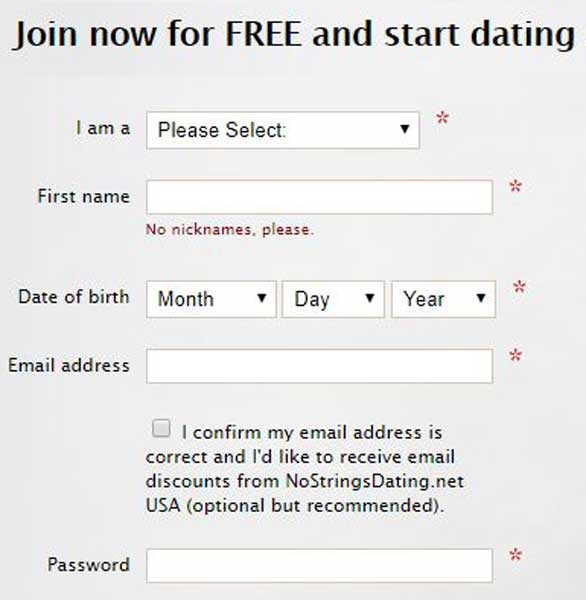 Screenshot of NoStringsDating.net's signup process Screenshot of NoStringsDating.net's signup process
