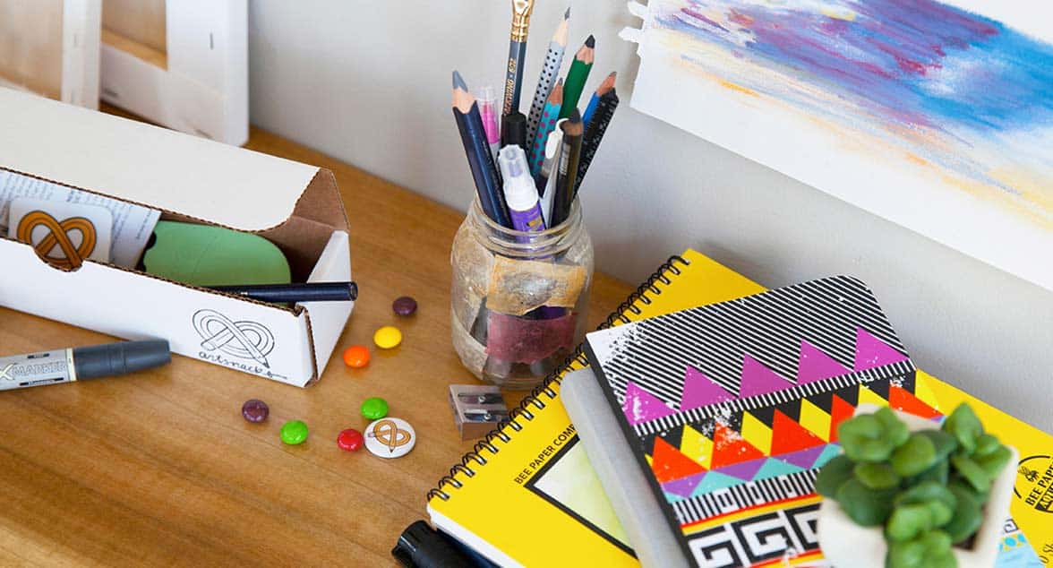 Photo of open ArtSnacks box and supplies Photo of open ArtSnacks box and supplies