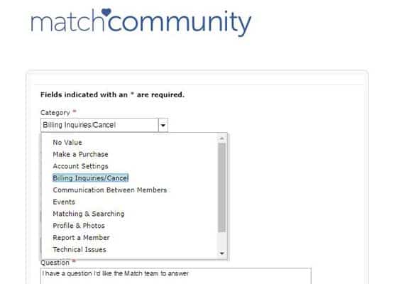 Screenshot of Match.com's contact page Screenshot of Match.com's contact page