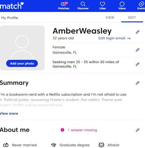 Screenshot of a Match.com profile Screenshot of a Match.com profile
